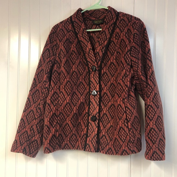 Bob Mackie Button Down Fleece Jacket Brown Black Print Large Pockets - Picture 1 of 4